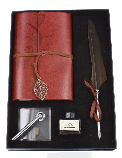 Spirit Earth Brown feather quill pen, notebook,stand and ink