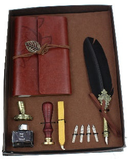Spirit Earth Black feather quill pen,notebook,stand,ink,nibs, seal