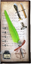 Spirit Earth Green feather quill pen, wax stamp, nibs and ink